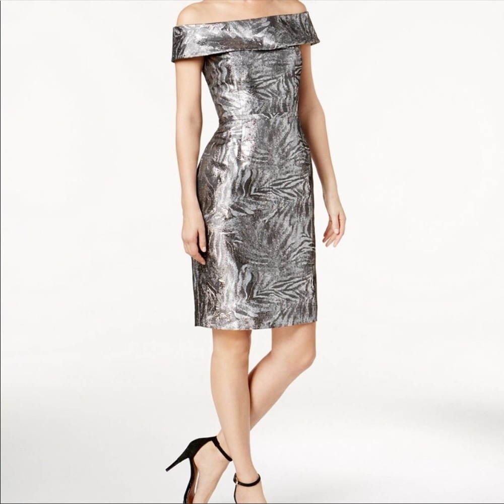 Off-Shoulder Metallic Silver Cocktail Dress